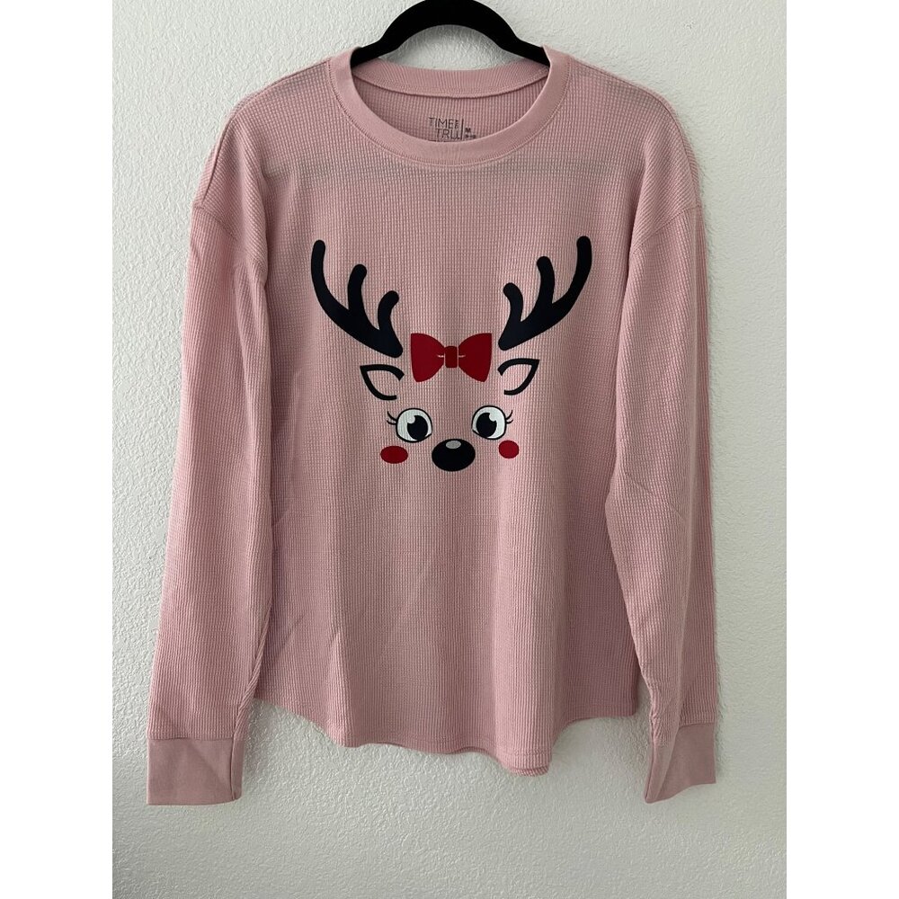 Pink Long-Sleeve Waffle-Knit Shirt With Reindeer Graphic